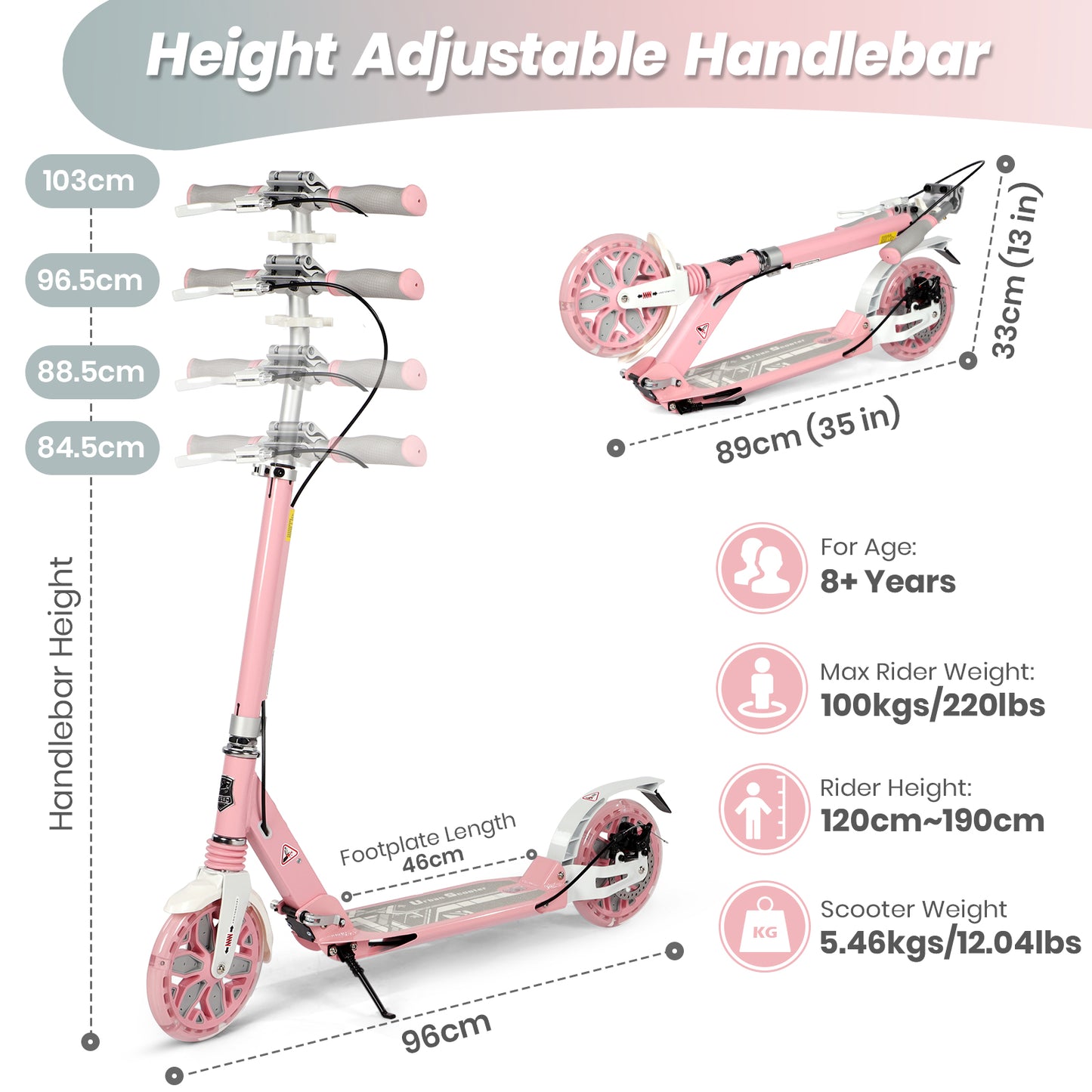 H.yeed Light Up Kick Scooter with Disc Brake Light Pink