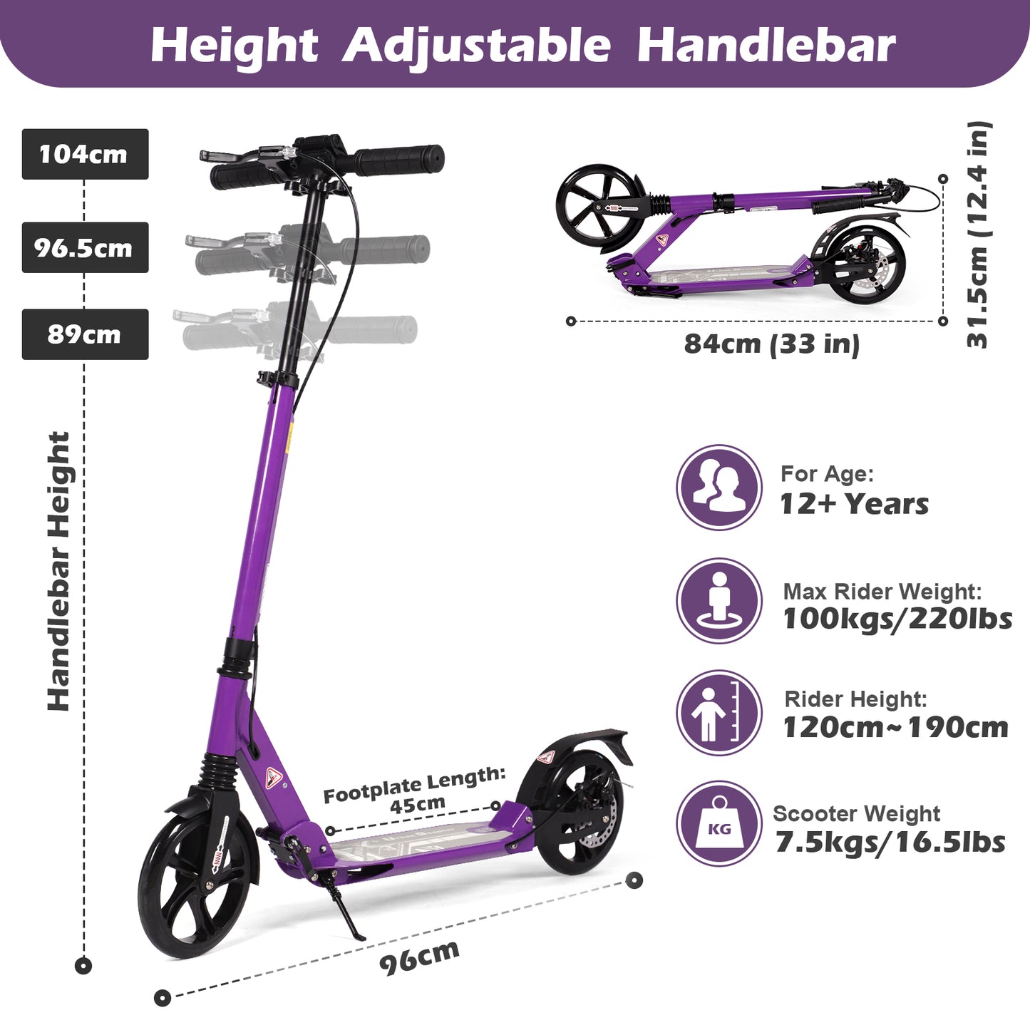 H.yeed Kick Scooter with Disc Brake Purple