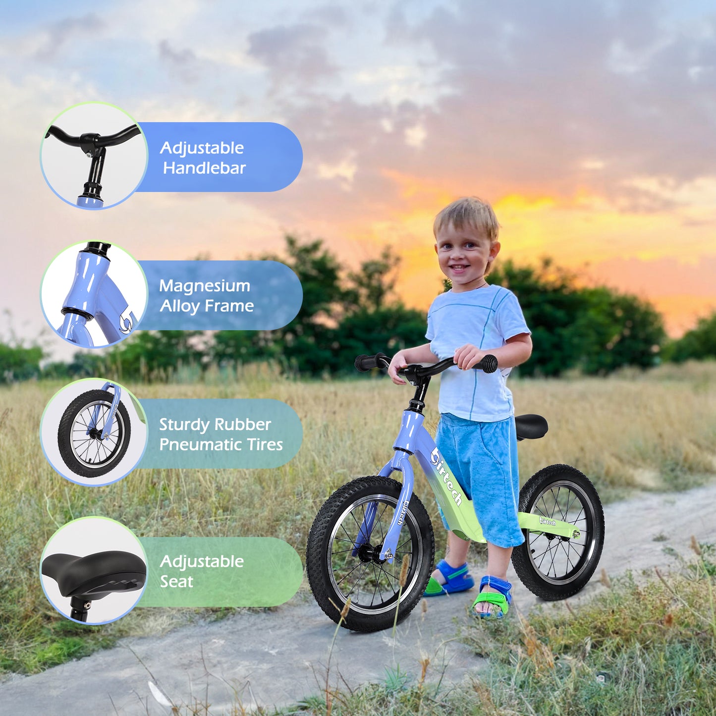 Birtech 14" Kids Balance Bike with Magnesium Alloy Frame Green&Blue
