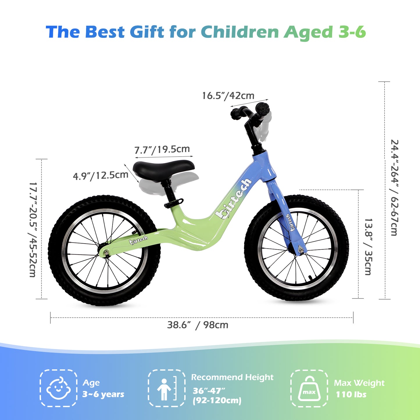 Birtech 14" Kids Balance Bike with Magnesium Alloy Frame Green&Blue