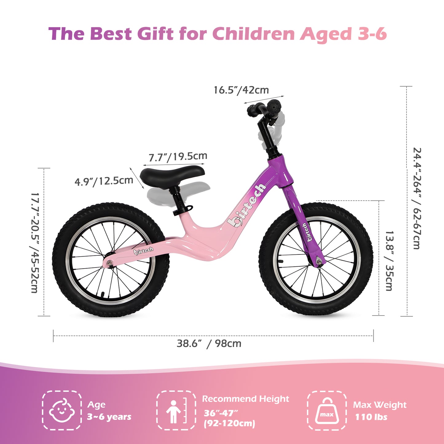Birtech 14" Kids Balance Bike with Magnesium Alloy Frame Purple&Pink