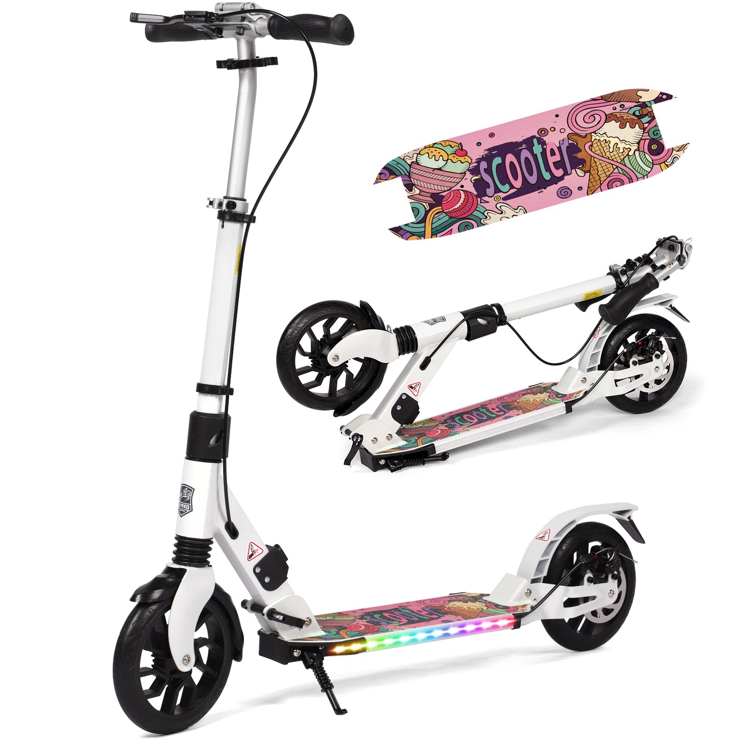 H.yeed Light Up Kick Scooter with Disc Brake White