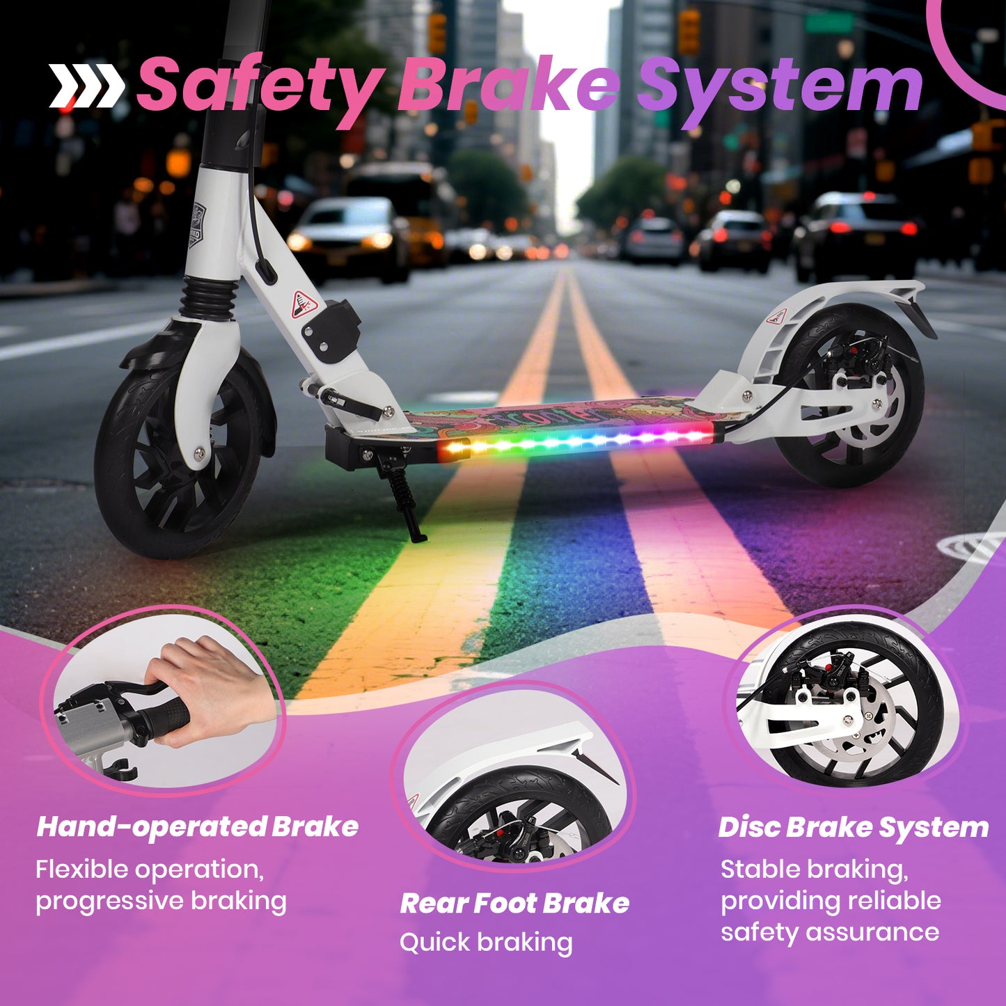 H.yeed Light Up Kick Scooter with Disc Brake White