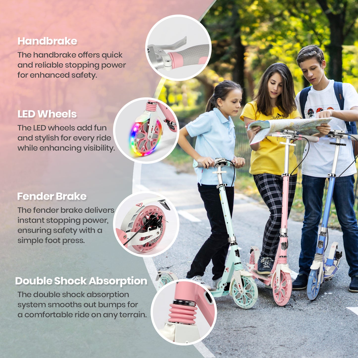 H.yeed Light Up Kick Scooter with Disc Brake Light Pink