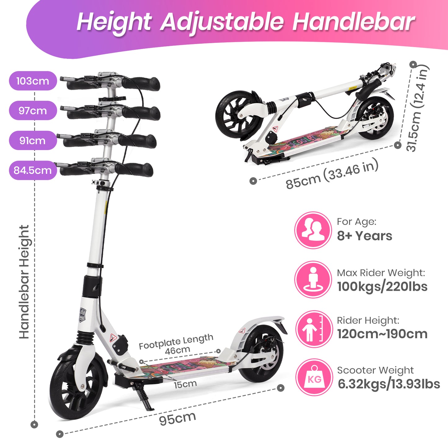 H.yeed Light Up Kick Scooter with Disc Brake White