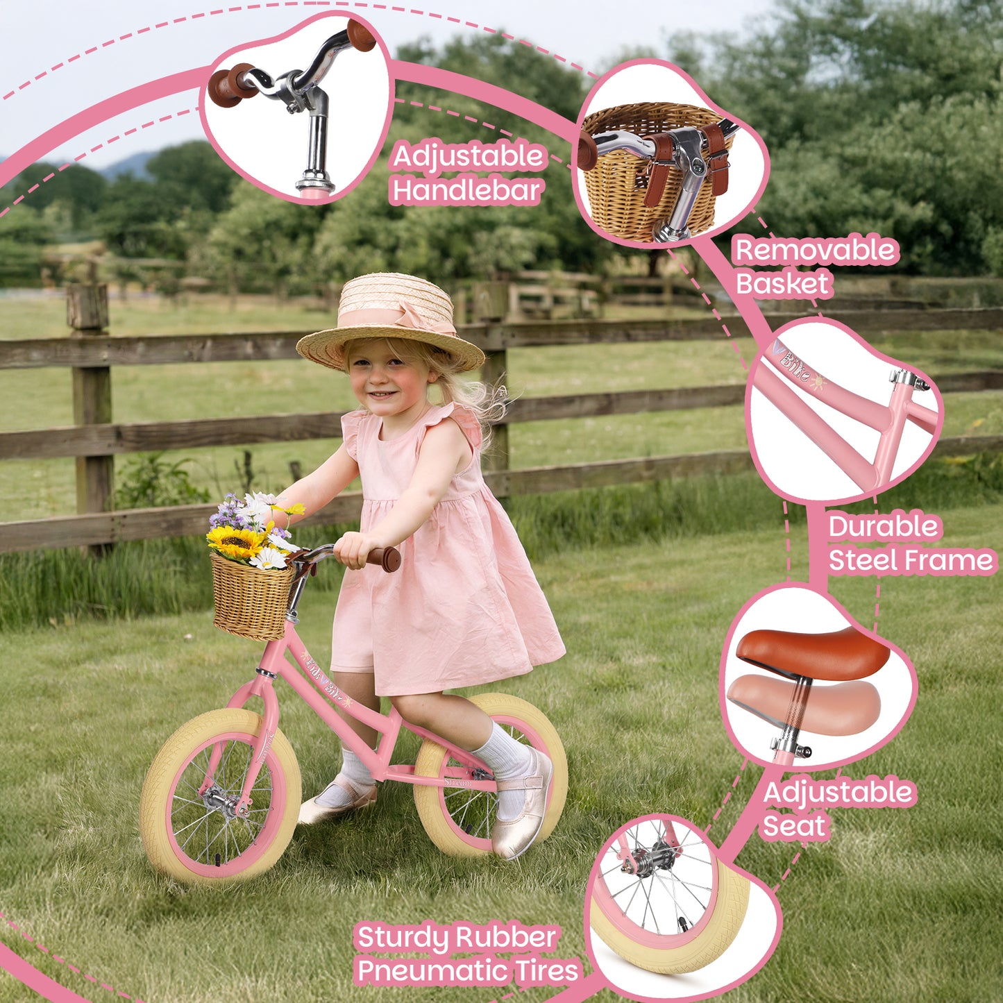 Birtech 14 Inch Kids Balance Bike with Removable Basket Pink