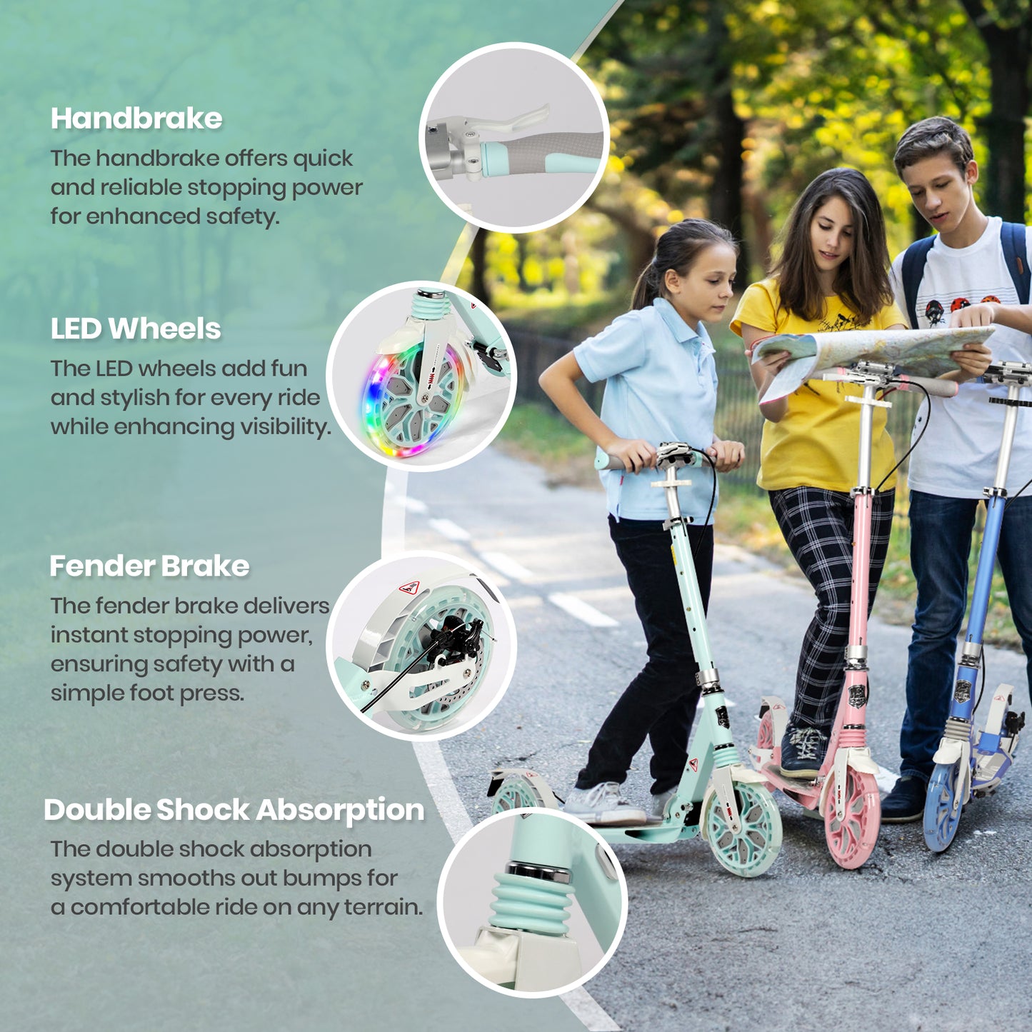 H.yeed Light Up Kick Scooter with Disc Brake Green