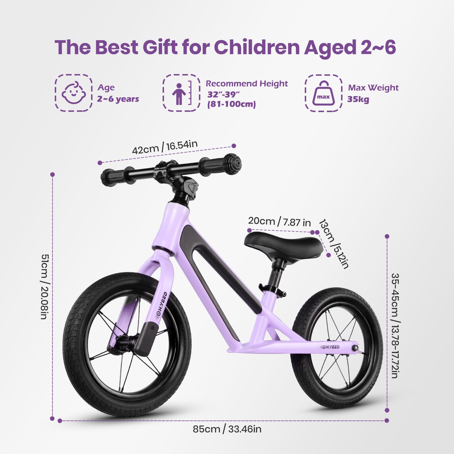 12 Inch Kids Balance Bike Purple for age 2-6 Years