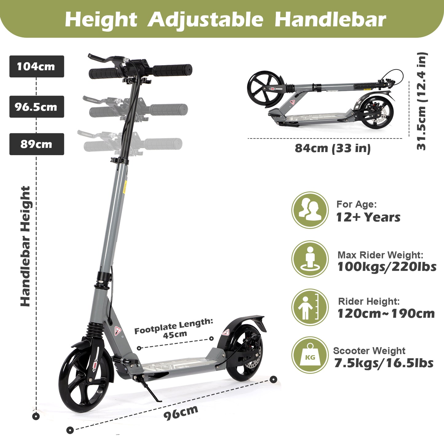 H.yeed Kick Scooter with Disc Brake Grey