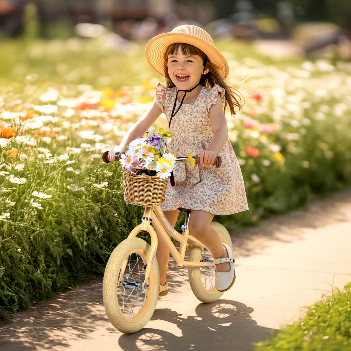 Birtech 14 Inch Kids Balance Bike with Removable Basket Light Yellow
