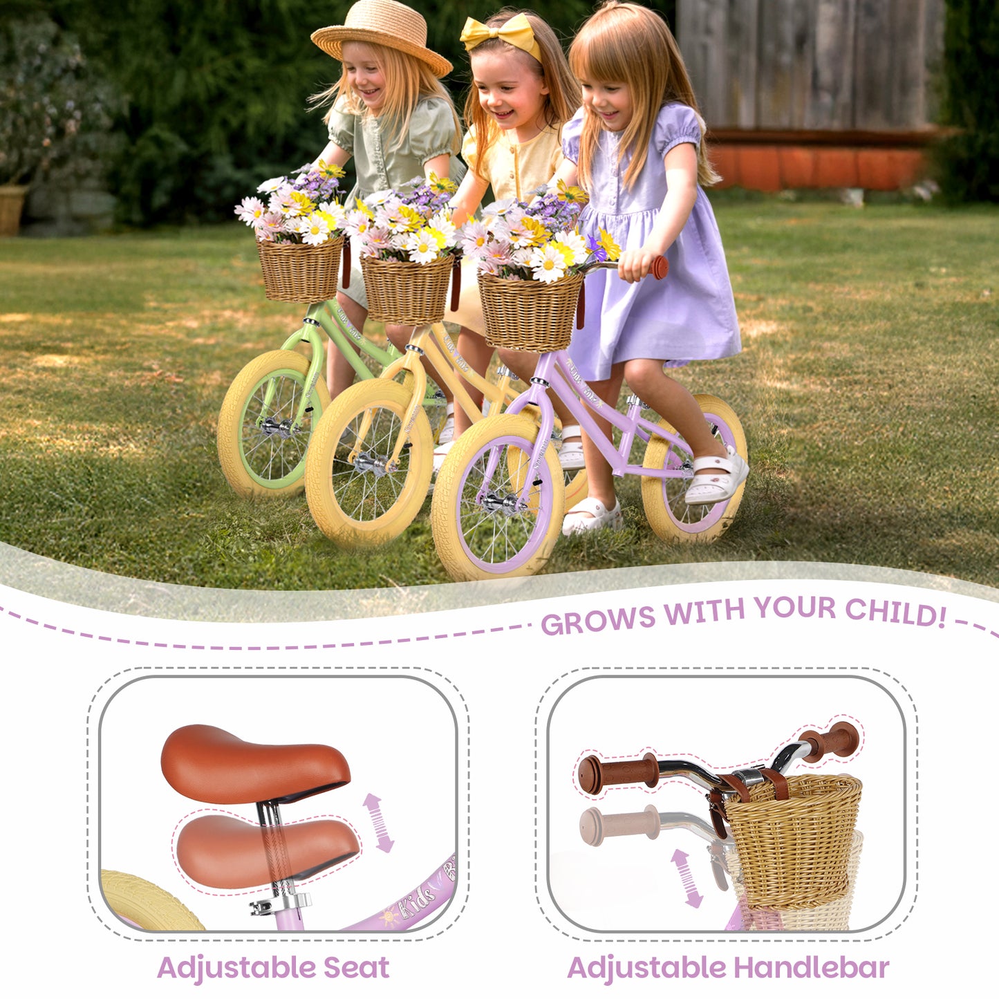 Birtech 14 Inch Kids Balance Bike with Removable Basket Light Purple