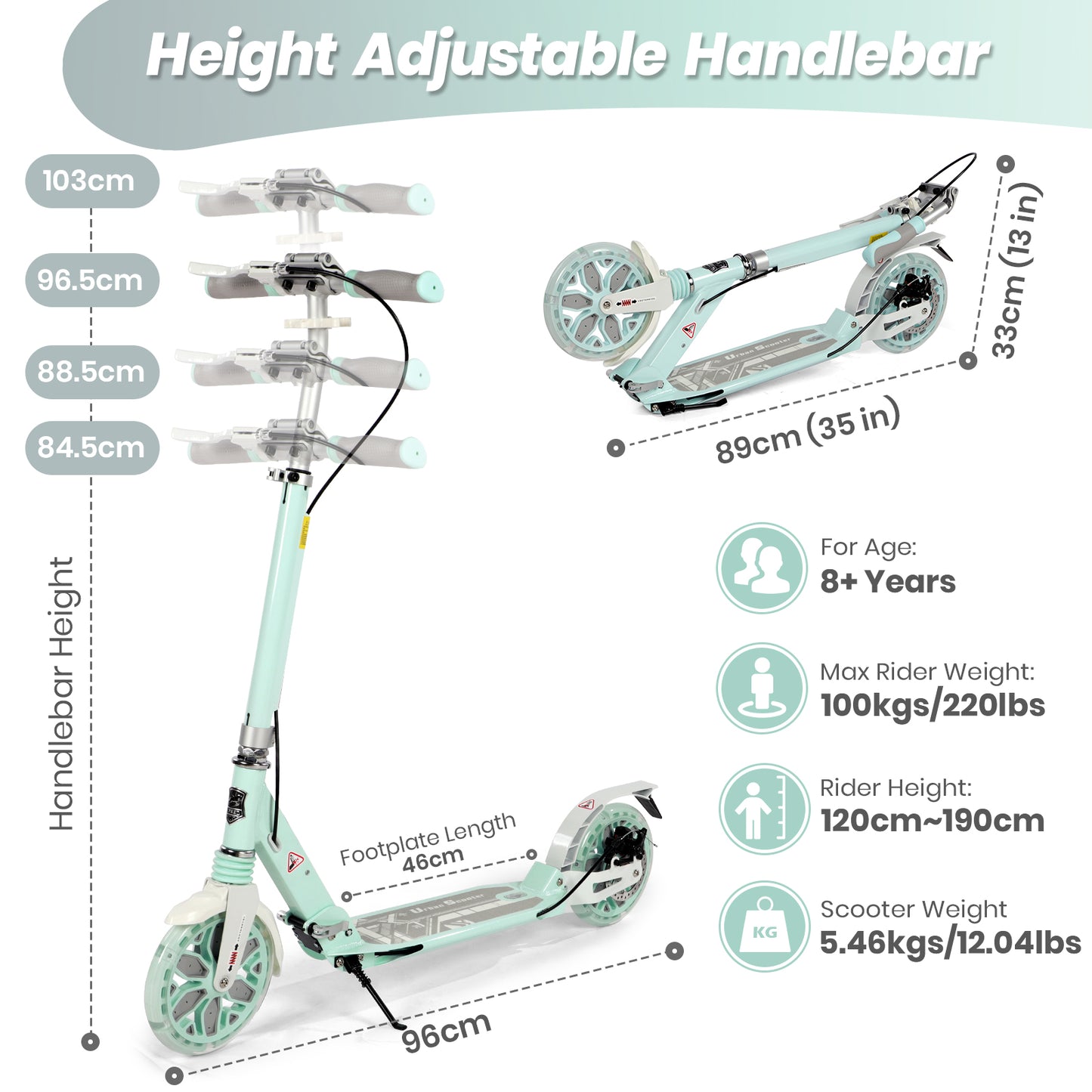 H.yeed Light Up Kick Scooter with Disc Brake Green