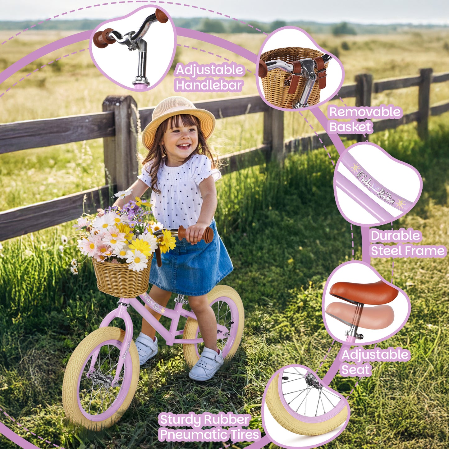Birtech 14 Inch Kids Balance Bike with Removable Basket Light Purple