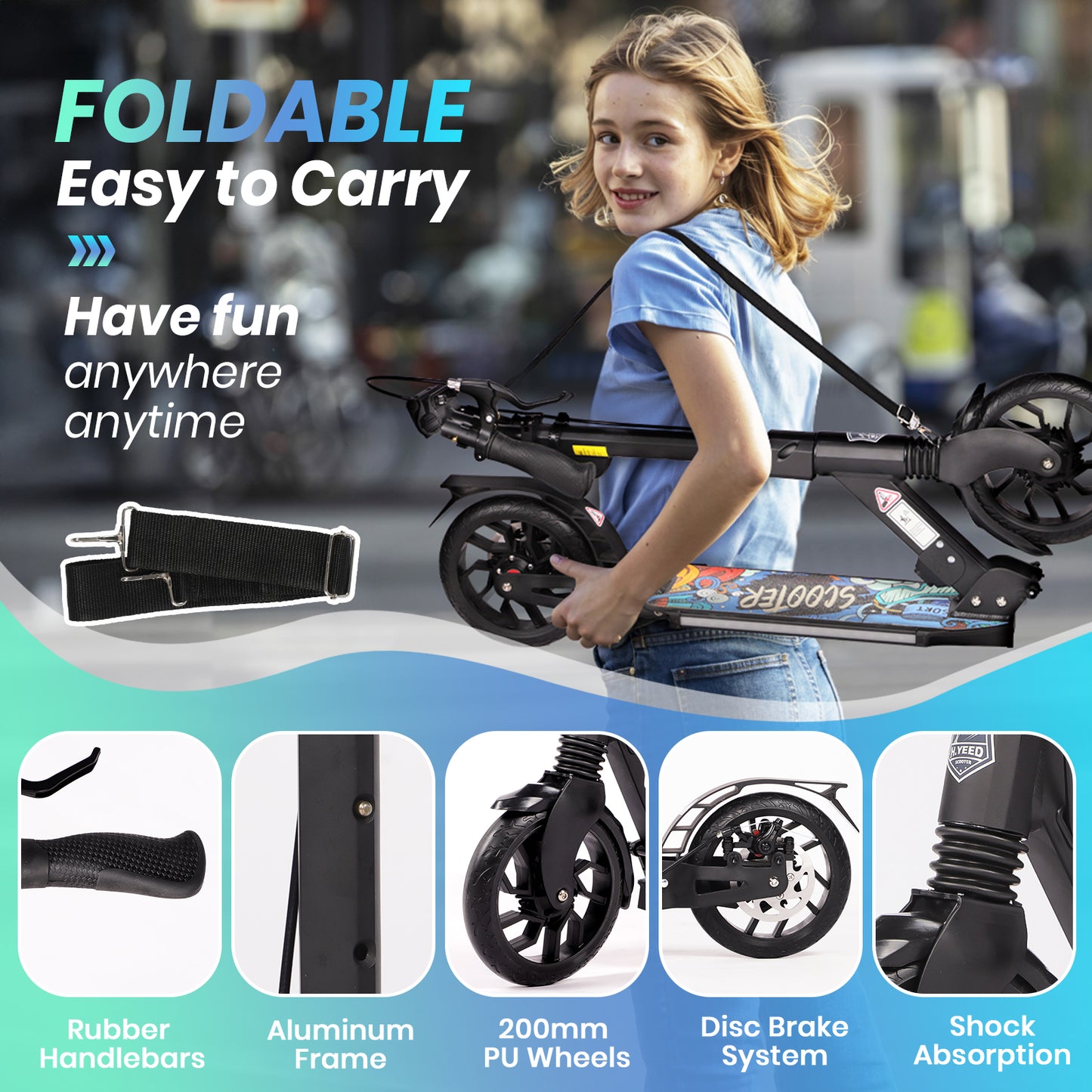 H.yeed Light Up Kick Scooter with Disc Brake Black