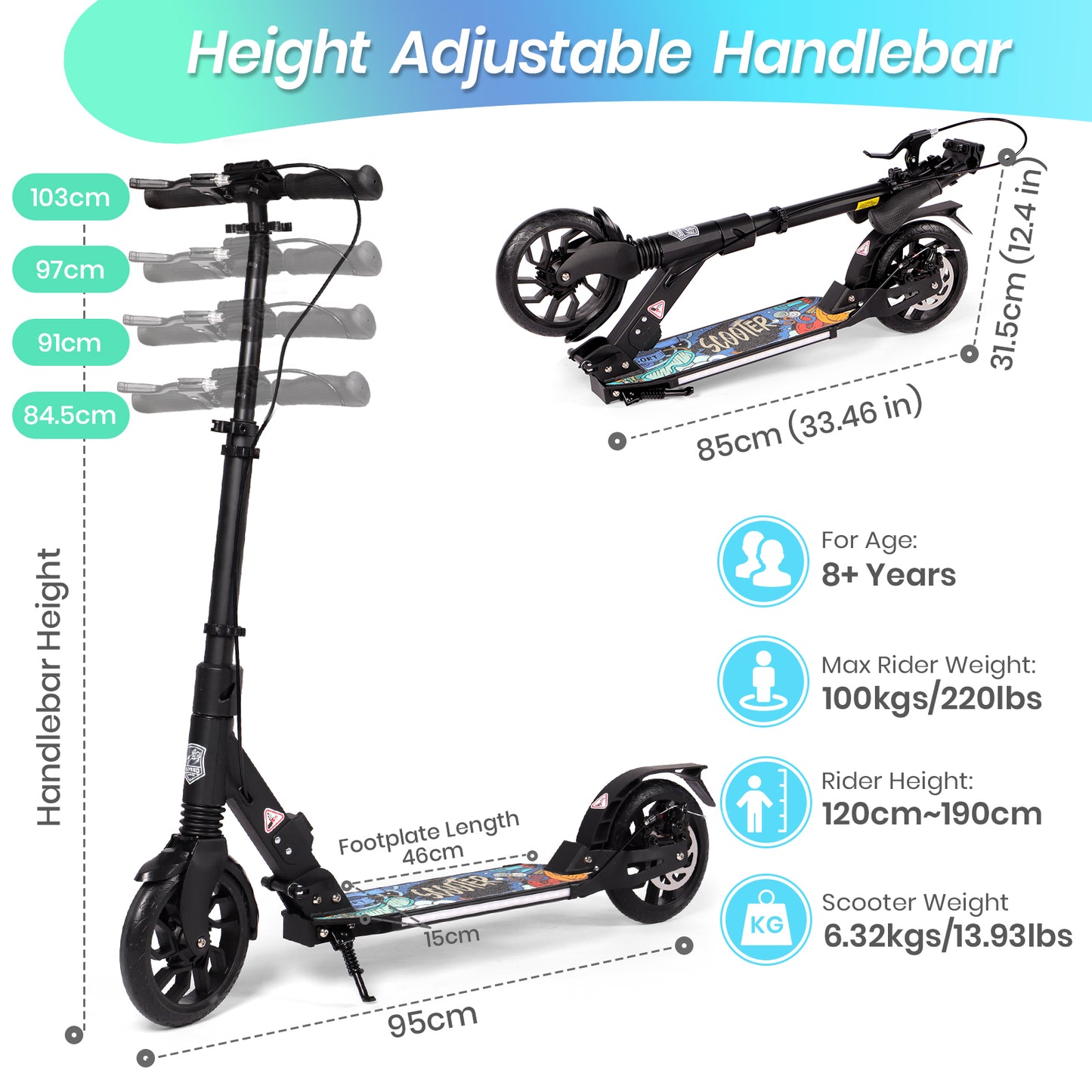 H.yeed Light Up Kick Scooter with Disc Brake Black