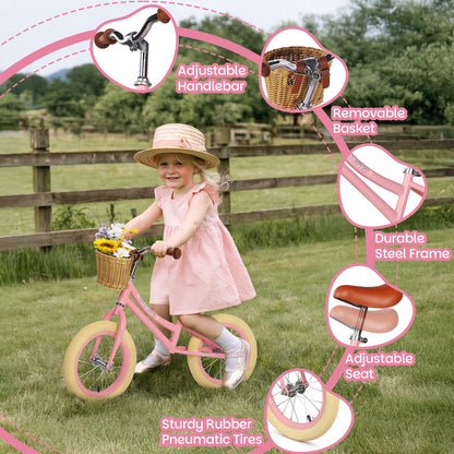 Birtech 14 Inch Kids Balance Bike with Removable Basket Pink