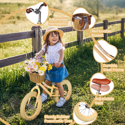 Birtech 14 Inch Kids Balance Bike with Removable Basket Light Yellow