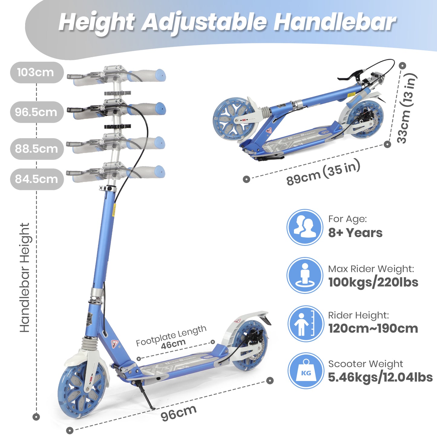 H.yeed Light Up Kick Scooter with Disc Brake Light Blue