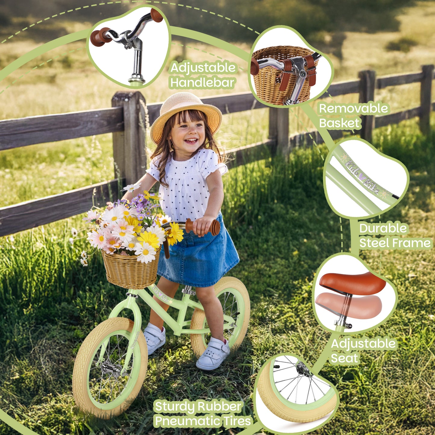 Birtech 14 Inch Kids Balance Bike with Removable Basket Green