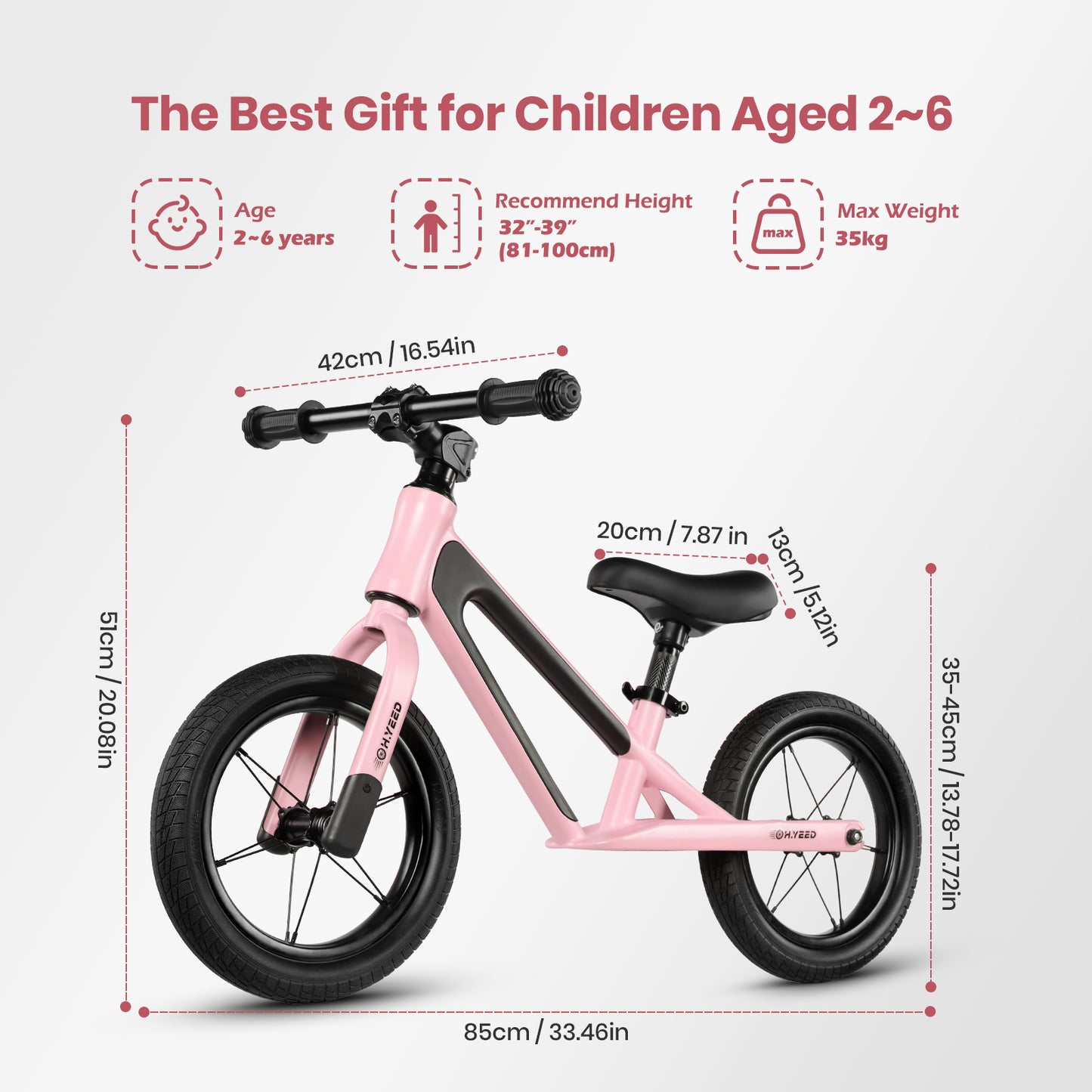 12 Inch Kids Balance Bike Pink for age 2-6 Years