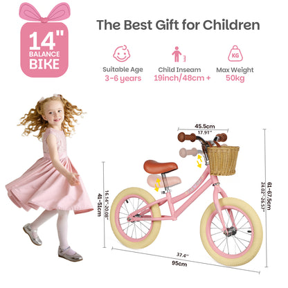 Birtech 14 Inch Kids Balance Bike with Removable Basket Pink