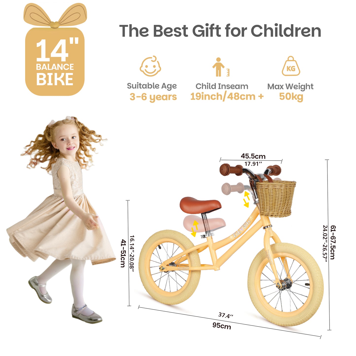 Birtech 14 Inch Kids Balance Bike with Removable Basket Light Yellow
