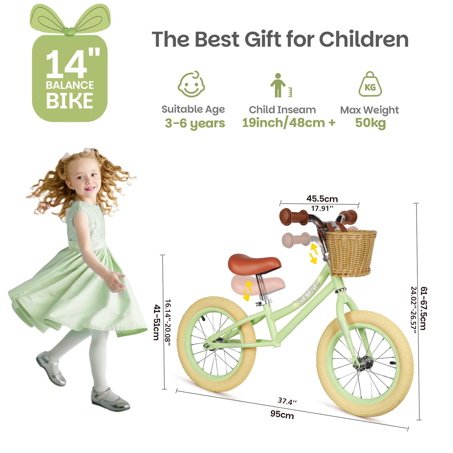 Birtech 14 Inch Kids Balance Bike with Removable Basket Green