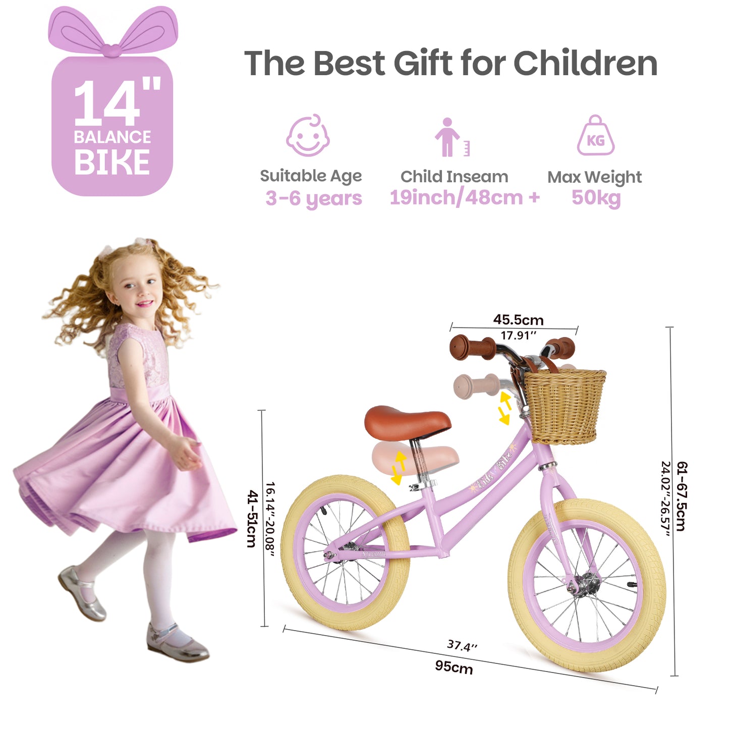 Birtech 14 Inch Kids Balance Bike with Removable Basket Light Purple